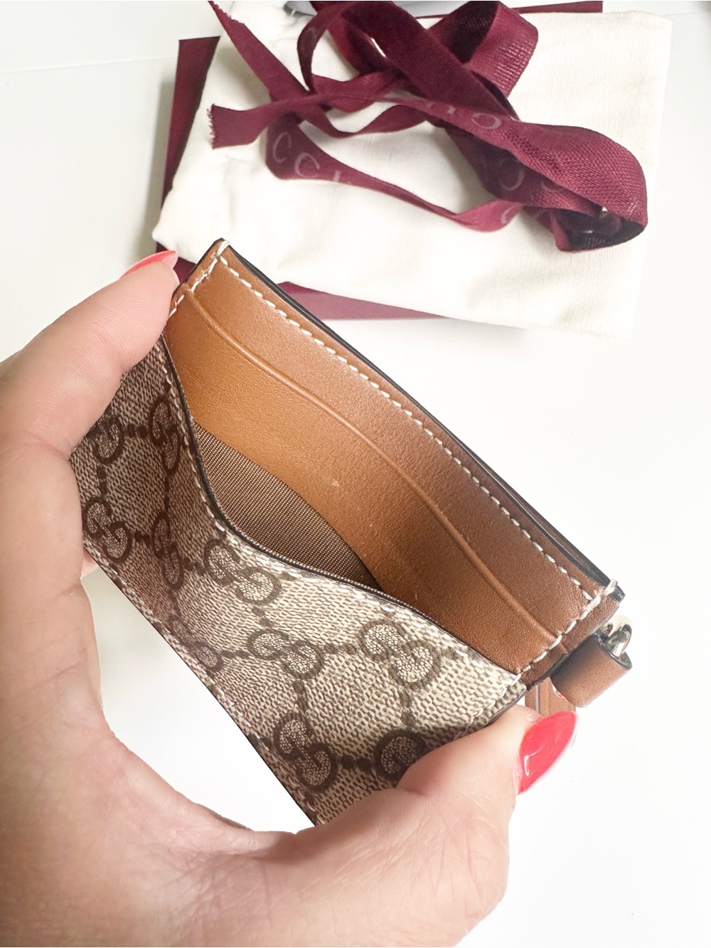Gucci GG Emblem Card Case with Strap Beige and Dark Brown Fabric NWB - Picture 13 of 14